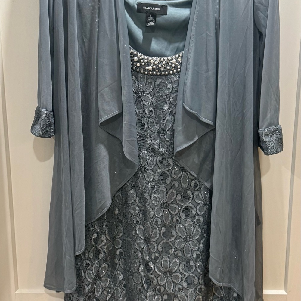 R&M Richards Blue Lace Mini Dress with Pearl Accents